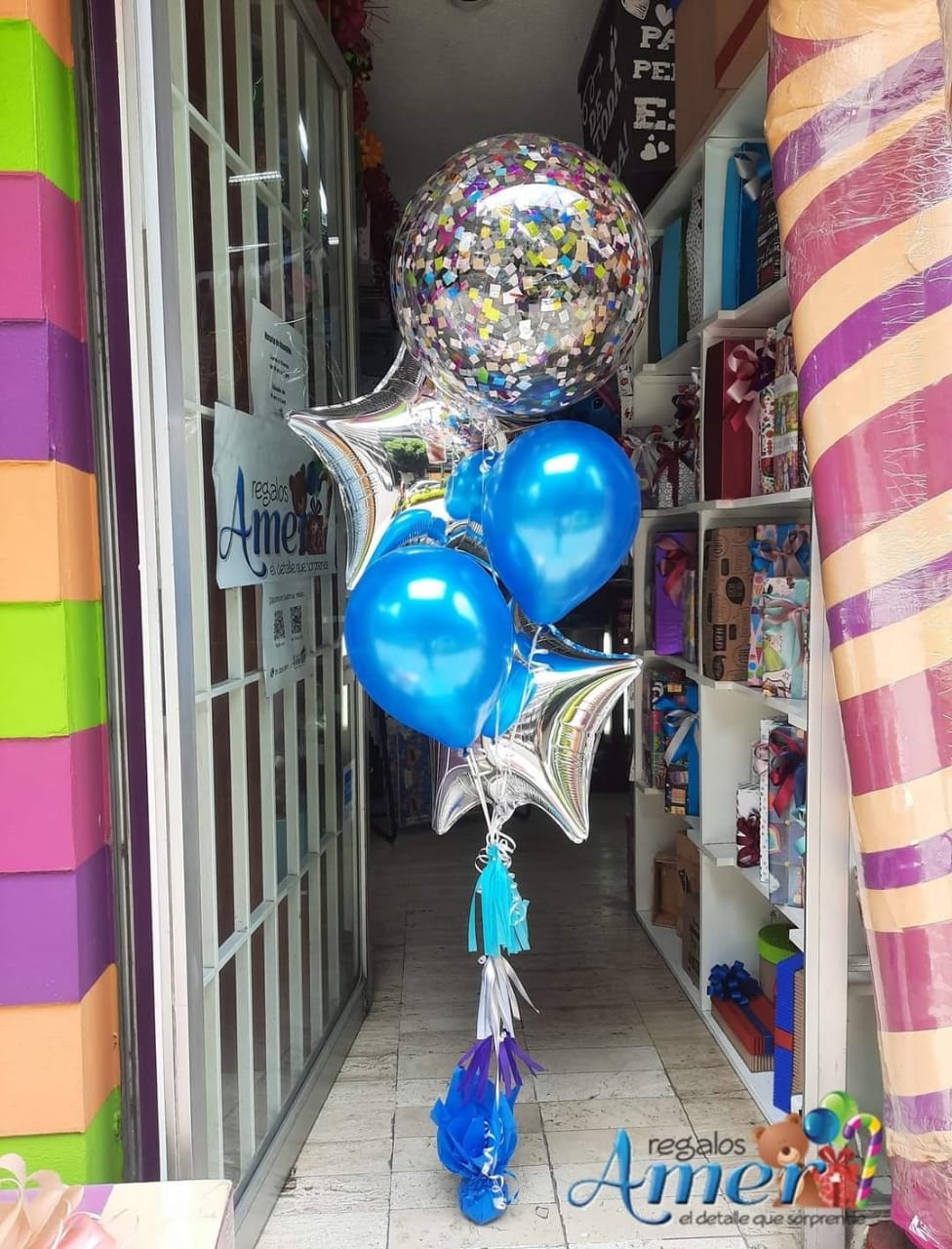 Bouquet azul plata globos helio amer
