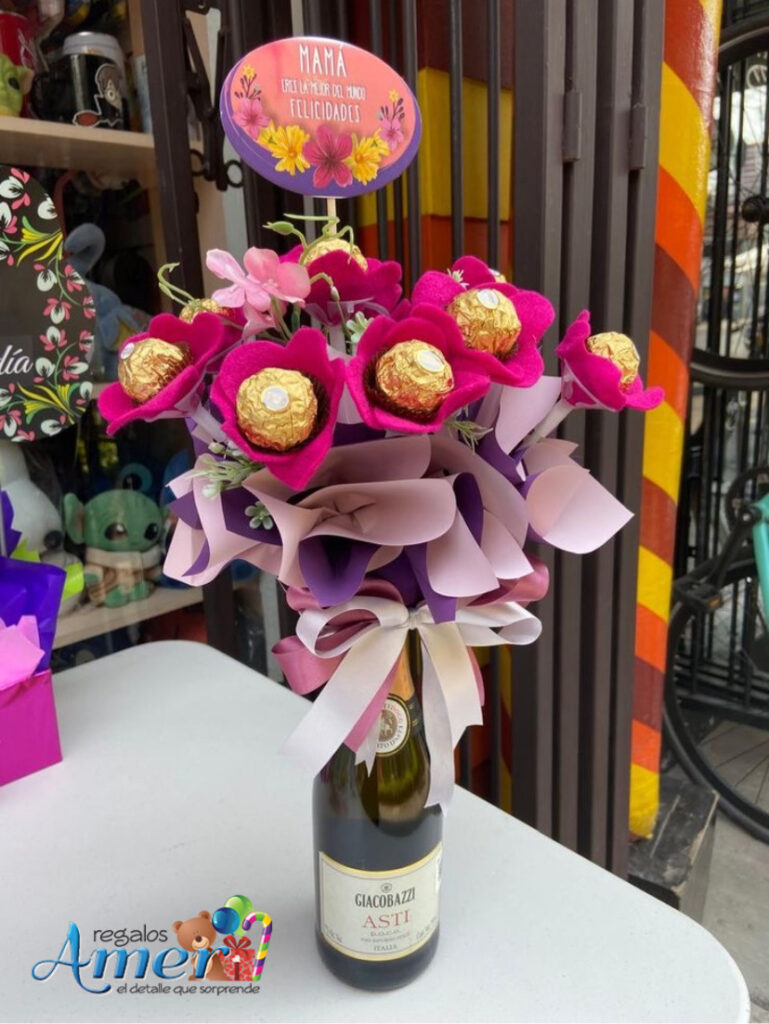 ramo de chocolates y vino